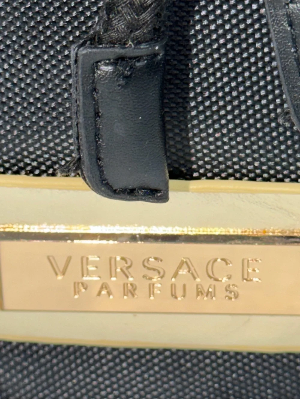 Versace Parfums Black Nylon Backpack Gold Logo NWOT Cinch Drawstring Travel Bag